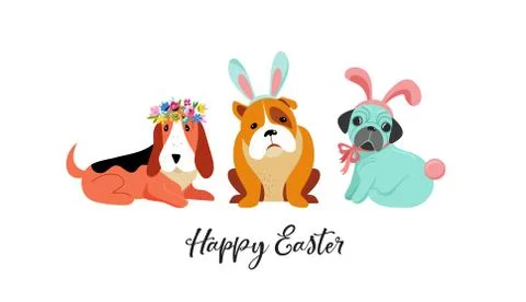 Happy Easter card, with dogs wearing bunny costumes Stock Illustration