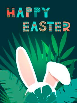 Happy Easter card with easter bunny hiding behind leaves. Hand drawn Stock Illustration