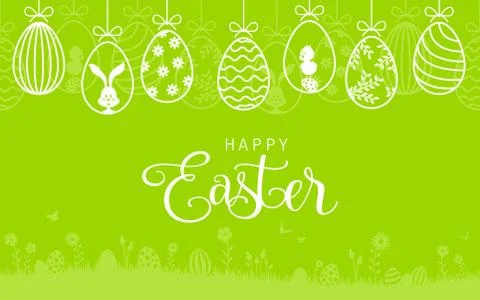 Happy easter card with easter bunny and hanging easter eggs background Stock Illustration