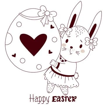 Happy Easter card with Easter bunny. A cute hare girl with a large Easter egg in Stock Illustration