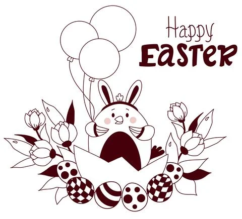 Happy Easter card. Easter chicken with bunny ears on the head, with Easter eggs Illustrazione stock