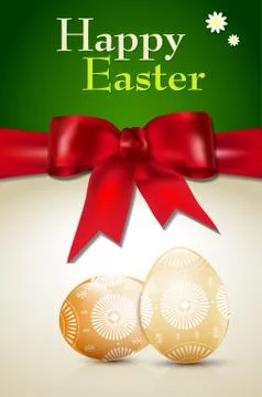 Happy Easter card with easter eggs and red bow Stock Illustration