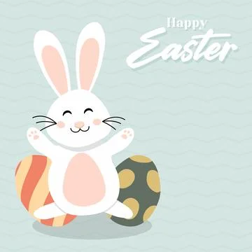 Happy Easter card with easter eggs garland and rabbit. Simple vector decorati Stock Illustration