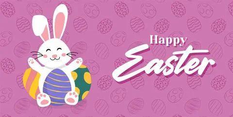 Happy Easter card with easter eggs garland and rabbit. Simple vector decorati イラスト素材