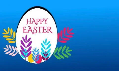 Happy Easter card with egg and flowers on blue background Stock Illustration