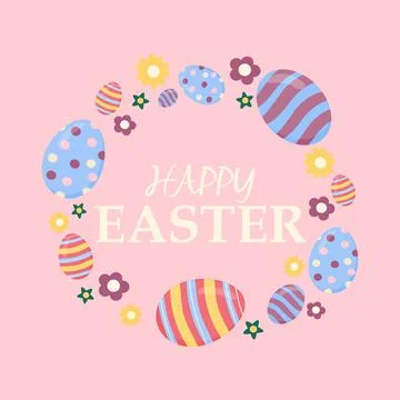 Happy easter card with eggs and text vector illustrations on a pink background 스톡 일러스트