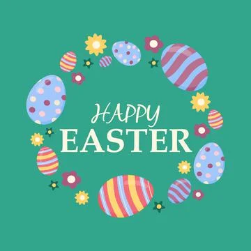 Happy easter card with eggs and text vector illustrations on a turquoise Stock Illustration