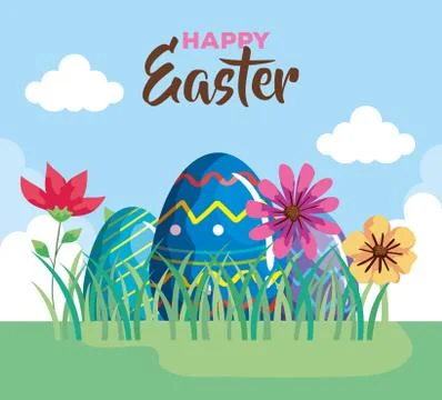 Happy easter card with eggs easter in landscape Illustrazione stock