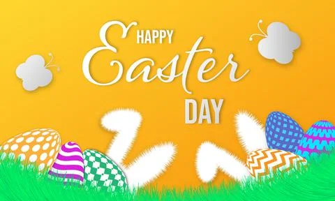 Happy Easter card with eggs, grass, bunny ears and butterflies Stock Illustration