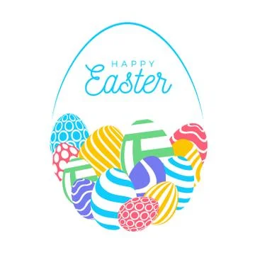 Happy easter card with eggs. Many beautiful flat multi-colored realistic eggs Stock Illustration