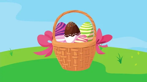 Happy easter card with eggs painted in basket camp scene Stock Footage 150175099