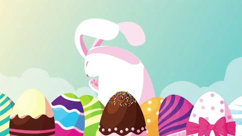 Happy easter card with eggs painted and rabbit Stock Footage 150176574
