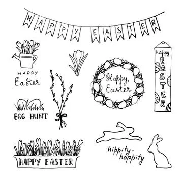 Happy easter card with eggs, rabbits, flowers, lettering, wreath Stock Illustration