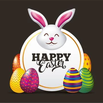 Happy easter card face rabbit cute eggs dark background Stock Illustration