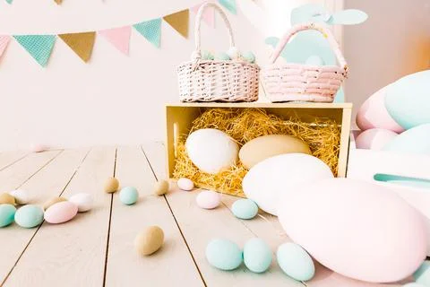 Happy Easter card. Frame with gold and blue speckled easter eggs with copy space Stock Photos