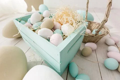 Happy Easter card. Frame with gold and blue speckled easter eggs with copy space Stock Photos