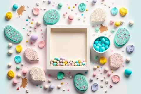 Happy Easter card. Frame made of colorful speckled Easter eggs,  Easter bun.. Stock Illustration