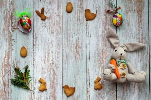 Happy Easter card. A frame made of festive homemade cookies, eggs Stock Photos