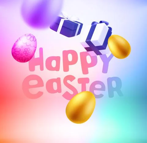 Happy Easter card. Gift boxes and eggs falling down. Levitation effect Stock-Illustration