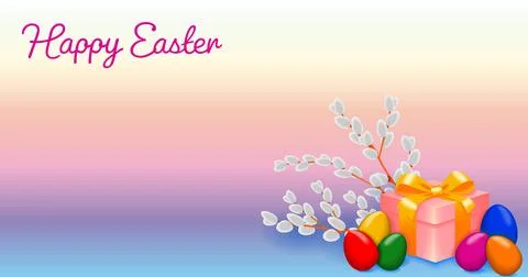 Happy Easter card with gift, eggs and pussy willow Stock Illustration