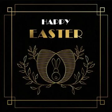 Happy Easter card of gold art deco outline eggs Stock Illustration