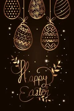 Happy easter card golden with eggs decorated hanging Stock Illustration
