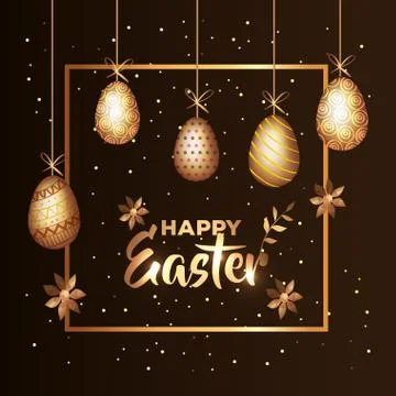 Happy easter card golden with eggs decorated hanging Stock Illustration