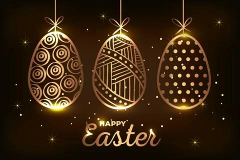 Happy easter card golden with eggs decorated hanging Stock Illustration