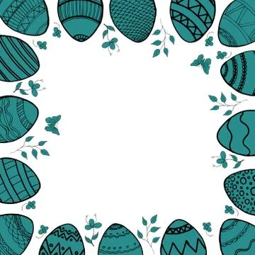 Happy easter card with hand drawn ornamental eggs  in blue with flowers Stock Illustration