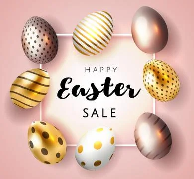 Happy Easter card with handwritten calligraphy lettering with gold paint splash Stock Illustration