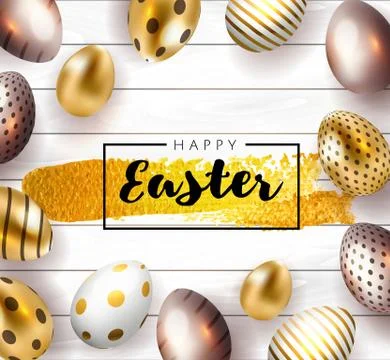 Happy Easter card with handwritten calligraphy lettering with gold paint splash Stock Illustration