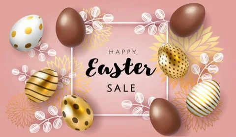 Happy Easter card with handwritten calligraphy lettering with gold paint splash Stock Illustration