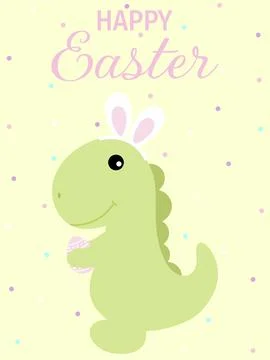 Happy Easter card. Happy easter greeting card with cute green smiling dinosaur. Stock Illustration