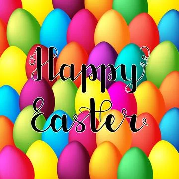 Happy Easter card. Happy Easter lettering on easter eggs background. Vector i Stock Illustration