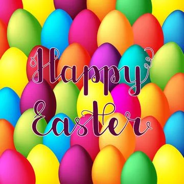 Happy Easter card. Happy Easter lettering on easter eggs background. Vector i Stock Illustration