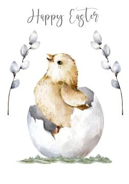 Happy easter card with a hatching chick with break egg, willow stick. Hand pa Stock Illustration