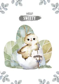 Happy easter card with a hatching chick with break egg, willow stick. Hand pa Stock Illustration