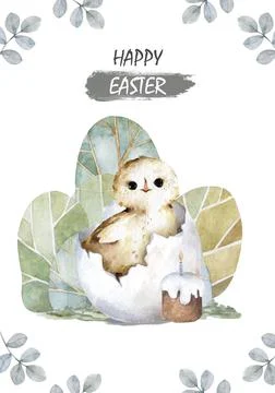 Happy easter card with a hatching chick with break egg and cake Cute farm ani Stock Illustration