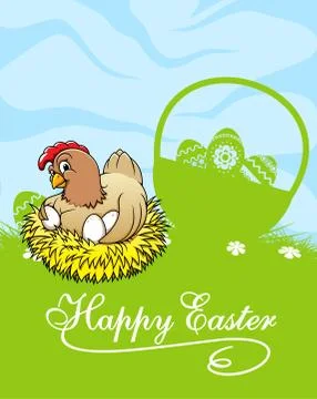Happy easter card with hen and basket with easter eggs Illustrazione stock