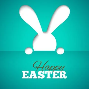 Happy easter card with hiding bunny and font on blue paper background Illustrazione stock