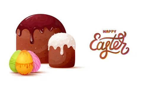 Happy Easter card holiday cake egg letter flat set Stock Illustration