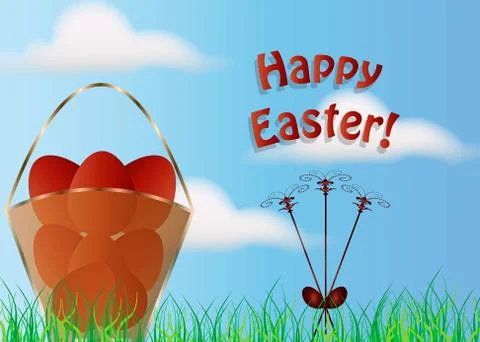 Happy easter card illustration - basket with Easter eggs in the nature Stock Illustration