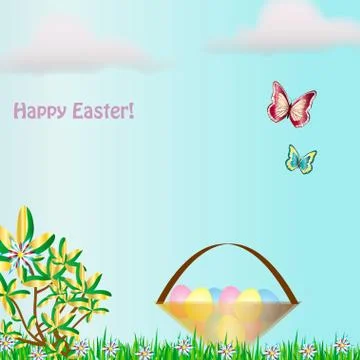 Happy Easter card illustration with basket full of Easter eggs in the nature Stock Illustration