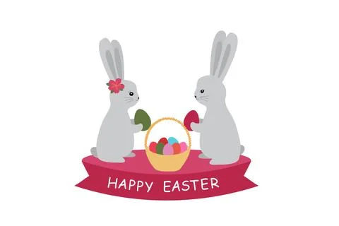 Happy easter card. Illustration with cute bunnies and eggs. Vector illustration Stock Illustration
