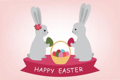 Happy easter card. Illustration with cute bunnies and eggs. Vector illustration Stock Illustration