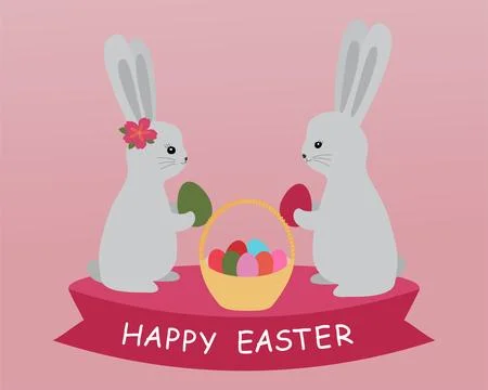 Happy easter card. Illustration with cute bunnies and eggs. Vector illustration Illustrazione stock