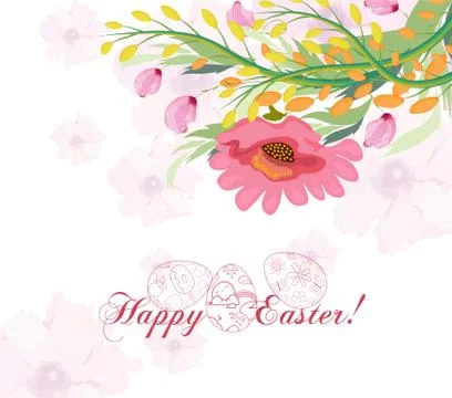 Happy Easter card with a lettering and cartoon flowers Stock Illustration