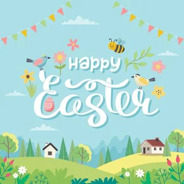Happy Easter card with lettering and cute landscape. Hand drawn flat cartoon Illustrazione stock