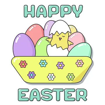 Happy Easter card with lettering. A cute chicken hatched from an egg in a pla Stock Illustration