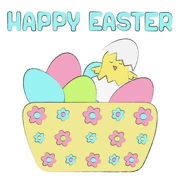 Happy Easter card with lettering. A cute chicken hatched from an egg in a pla Stock Illustration